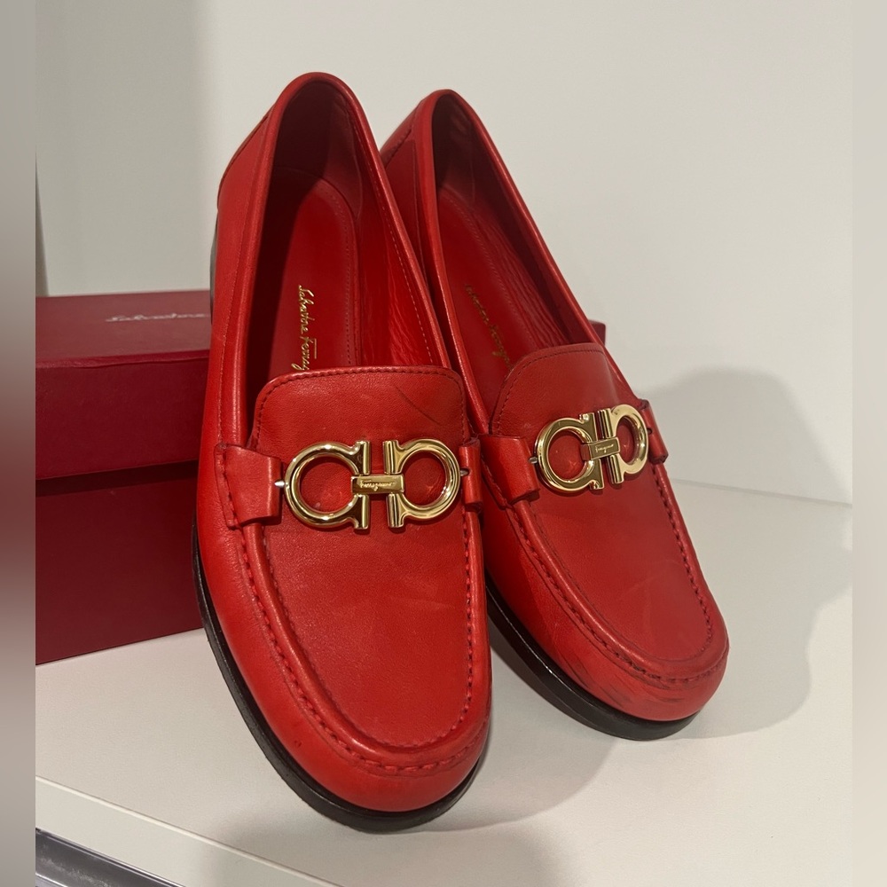 Salvatore Ferragamo Red Loafers with Gold Buckle